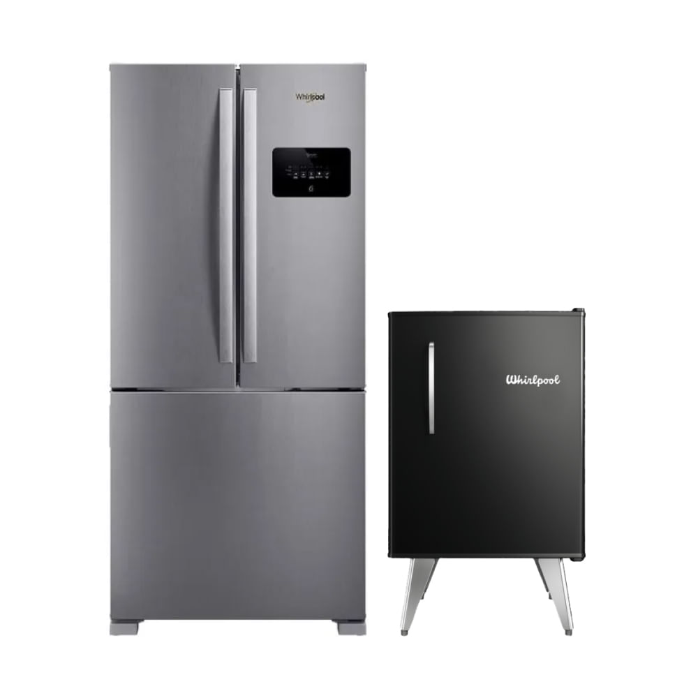 Combo Whirlpool Heladera Xpert Inverter No Frost French Door de 593 Litros y Heladera Retro Negra 80 / 76 Lts