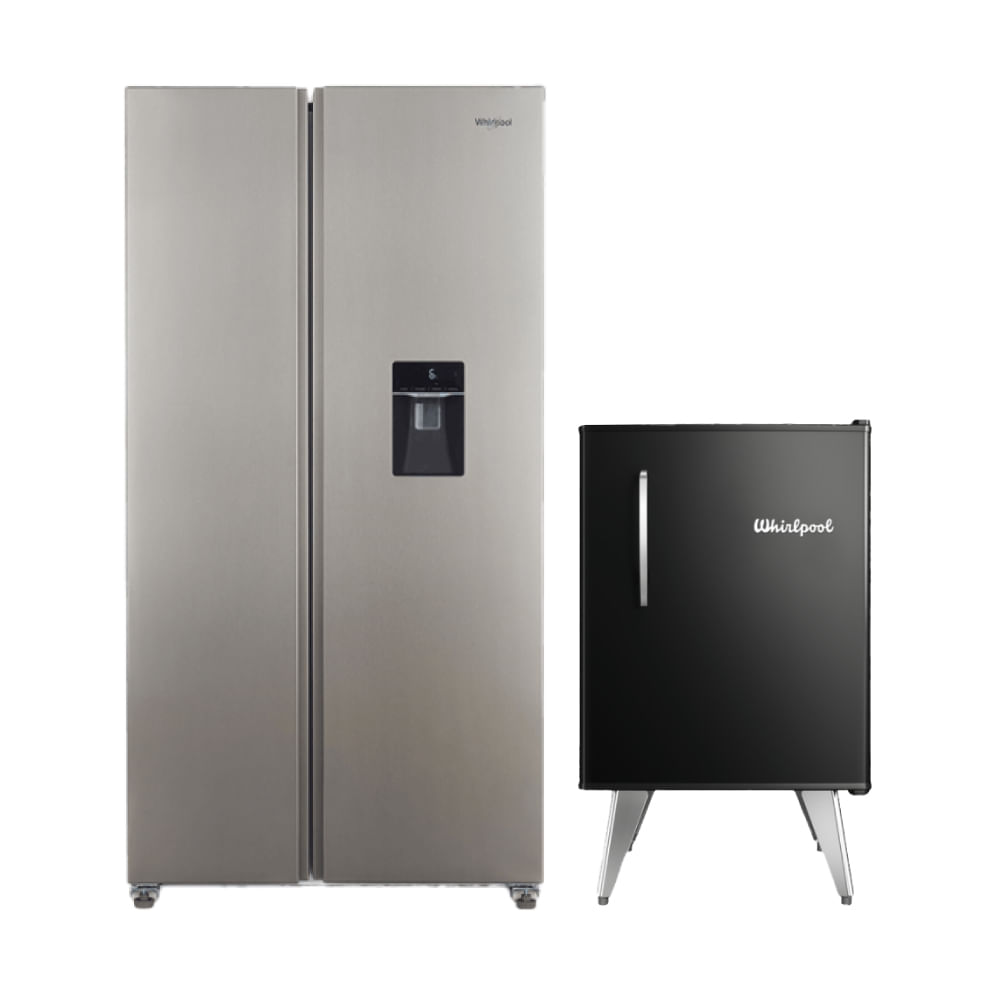 Combo Whirlpool Heladera Side By Side No Frost Inverter de 518 Lts y Heladera Retro Negra 80 / 76 Lts